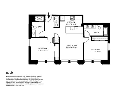 Floor plan for 2 beds, 2 baths, 970 sqft